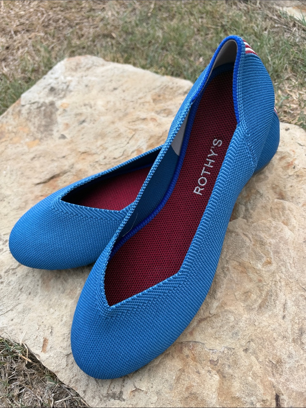 Never Worn- Rothy's Blue Knit Pointed Ballet Flats with Red Insole